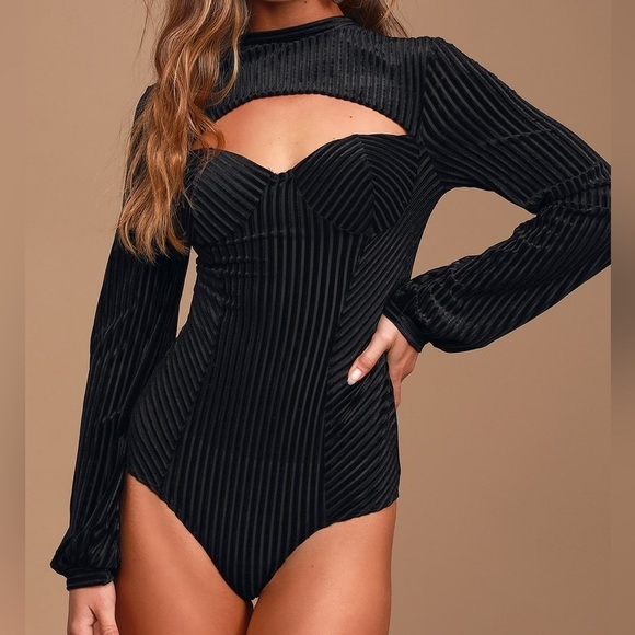 Always Alluring Black Striped Velvet Cutout Bustier Bodysuit - Picture 4 of 8